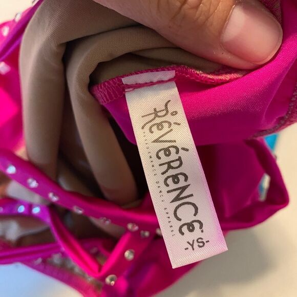 Custom rhinestoned dance costume hot pink Aqua blue leotard child S - Picture 7 of 11